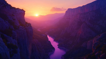 A vibrant sunset over the Gorges du Verdon, casting pink and orange hues across the valley and cliffs.の素材