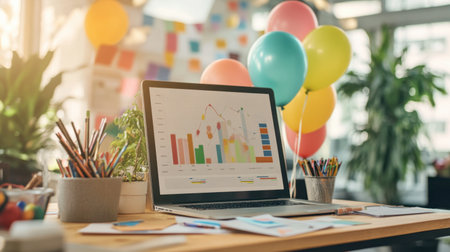 A workspace celebrating a successful quarter with printed charts and balloons in the background.の素材
