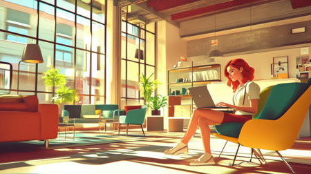 A stylish office with a red-haired woman working on her laptop, surrounded by colorful furniture and a positive atmosphere.の素材