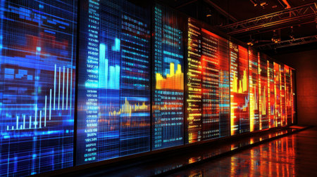 A wall display of financial charts illuminated by LED lights, setting the stage for a corporate celebration.の素材