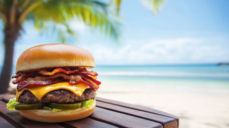A spicy cheeseburger with crispy bacon and jalapenos on a picnic table, set against a serene tropical beach view.の素材