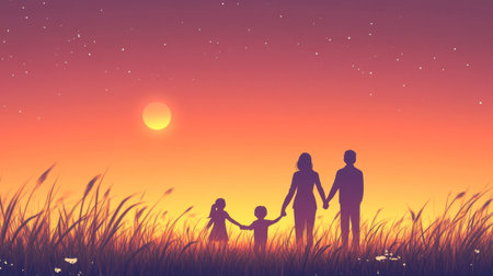 A silhouette of a family holding hands at sunrise, symbolizing togetherness during Easter.の素材