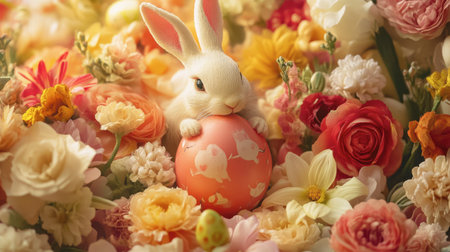 A whimsical scene with a bunny peeking out of an Easter egg amidst flowers.の素材