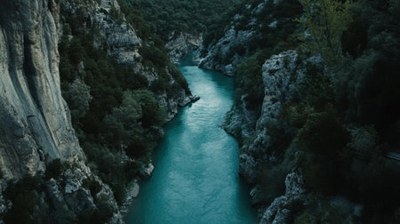 The turquoise waters of the Verdon River winding through the Gorges, framed by lush vegetation and steep cliffs.の素材