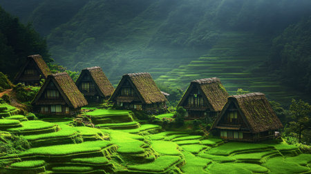 The vibrant green rice fields surrounding Ouchi-juku, contrasting beautifully with the rustic thatched roofs.の素材