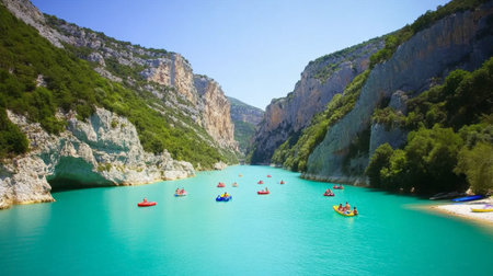 The dramatic cliffs of the Gorges du Verdon glowing under the midday sun, with vibrant blue skies above.の素材