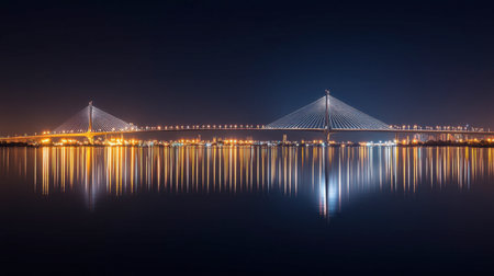 A stunning night view of a modern bridge illuminated by lights, reflecting beautifully on the water, creating a serene and tranquil atmosphere for photography enthusiasts.の素材