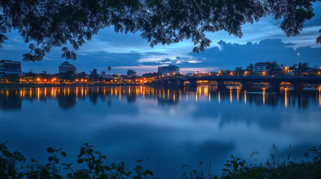 A tranquil river scene at dusk, showcasing city lights reflecting on the water. Trees frame the image, creating a serene atmosphere perfect for relaxation.の素材