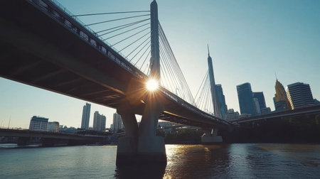 This image captures a modern bridge against a stunning city skyline at sunset, creating a beautiful contrast with the silhouette of the buildings reflected in the calm river.の素材