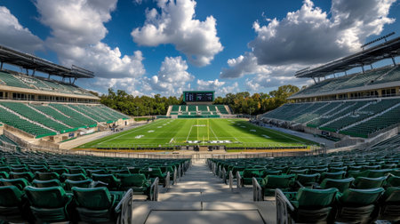 A stunning wide-angle view of an empty sports stadium featuring lush green turf under a bright blue sky adorned with fluffy clouds, ideal for showcasing outdoor events.の素材