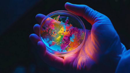 A close-up of a hand holding a colorful Petri dish illuminated with vibrant light, showcasing fascinating bacterial growth in a laboratory setting.の素材
