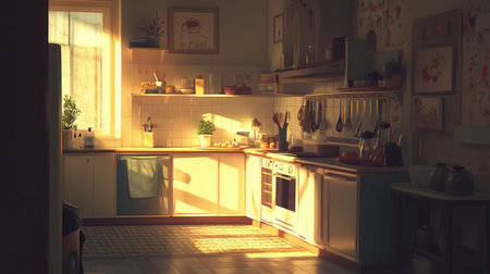 A charming kitchen filled with warm sunlight, showcasing a cozy atmosphere. The inviting space is perfect for cooking and relaxation, featuring tasteful decor and plants.の素材