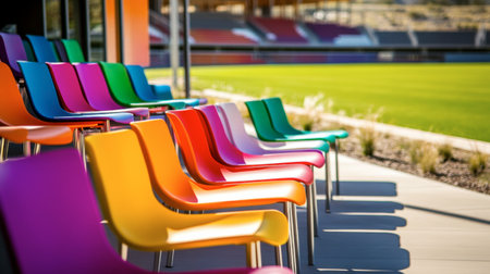 A row of colorful chairs in a modern outdoor setting, showcasing vibrant hues under natural light. Ideal for relaxation and recreation in a public space.の素材