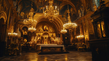 Experience the captivating beauty of a grand church sanctuary, featuring ornate chandeliers, soft candlelight, and stunning religious artwork, creating a serene atmosphere for worship and reflection.の素材