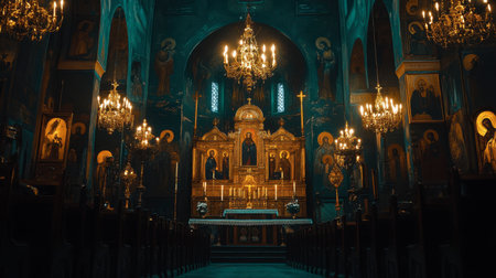 Explore the stunning interior of a historic church, featuring ornate chandeliers, intricate icons, and a serene atmosphere that invites reflection and spirituality.の素材