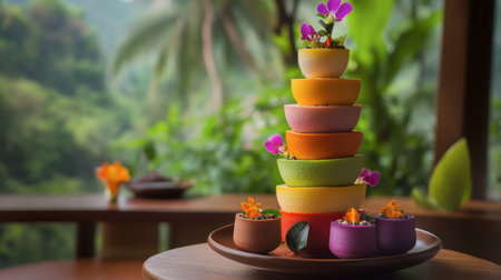 A vibrant display of colorful desserts beautifully arranged with floral accents, perfect for a tropical setting or gourmet presentation. Ideal for summer themes.の素材