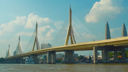 A stunning modern bridge stretches over calm waters, framed by a striking city skyline. The scene captures the beauty of architecture and engineering under a clear blue sky.の素材