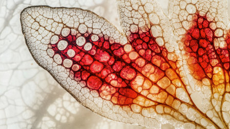 Explore the intricate veins and vibrant colors of a translucent leaf, showcasing nature's beautiful patterns and textures through a stunning close-up.の素材