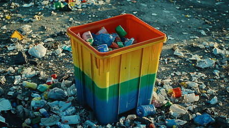 A vibrant trash bin stands amidst a sea of waste, highlighting the urgent need for proper waste management and environmental protection in urban areas.の素材