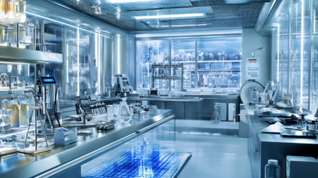 A modern science lab featuring advanced equipment and a sleek design, perfect for research and experiments in various scientific fields. Bright and sterile environment boosts productivity.の素材
