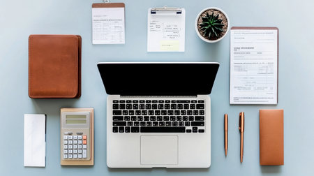 A stylish modern workspace featuring a laptop, stationery, and plant. Ideal for depicting productivity and organization in a professional environment.の素材