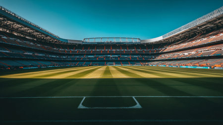 A captivating perspective of an empty soccer stadium featuring a well-maintained grass field, capturing the essence of sports and architecture under a clear blue sky.の素材