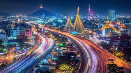 A breathtaking nighttime city scene showcasing illuminated highways, vibrant traffic trails, and iconic landmarks, perfect for travel and urban exploration themes.の素材