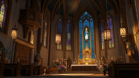 A stunning interior view of a serene chapel adorned with colorful stained glass windows, featuring an ornate altar and beautiful floral arrangements, perfect for conveying tranquility and spirituality.の素材