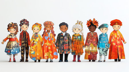 A vibrant collection of paper dolls featuring diverse characters in colorful costumes. Each doll showcases unique patterns and styles, celebrating creativity and culture.の素材