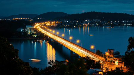 Captivating night scene showcasing a bridge illuminated by city lights, reflecting on tranquil waters, perfect for travel and landscape photography.の素材