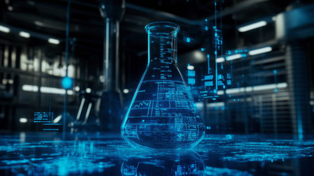 Explore a high-tech laboratory scene featuring a glowing glass flask surrounded by digital data, symbolizing the intersection of science and technology.の素材