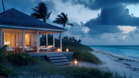 A serene view of a beach house at dusk, surrounded by palm trees and soft ocean waves. The peaceful setting offers a perfect escape for relaxation and reflection.の素材