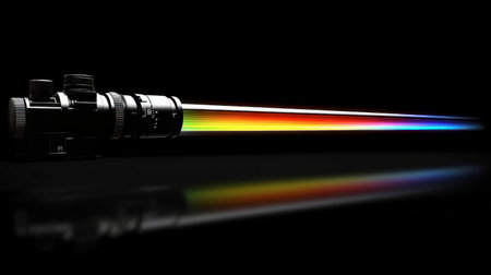 A striking image of a camera lens emitting a vibrant rainbow light beam. Perfect for themes of photography, creativity, and technology.の素材