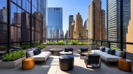 Enjoy a modern rooftop lounge featuring stylish seating and lush greenery, providing a perfect escape with stunning views of the urban skyline.の素材