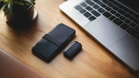 A modern workspace featuring a sleek phone and smart device beside a laptop on a wooden desk, complemented by a small plant, highlighting productivity and minimalism.の素材