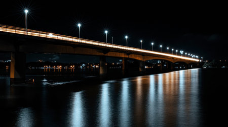 A tranquil nighttime view of a bridge with bright lights reflecting on the calm waters of a river, creating a serene and picturesque urban scene.の素材