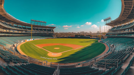 A vibrant baseball stadium under a clear blue sky on a sunny day, showcasing a well-maintained green field and empty seating for a peaceful atmosphere.の素材