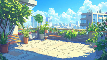A serene rooftop garden featuring lush greenery and colorful flowers, offering a vibrant escape in an urban setting, perfect for relaxation and enjoyment.の素材