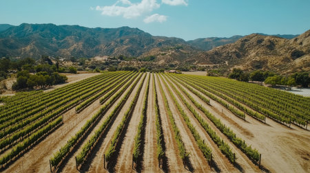 A stunning aerial view of a vibrant vineyard nestled in rolling hills, showcasing lush rows of grapevines under a clear blue sky, perfect for nature lovers.の素材