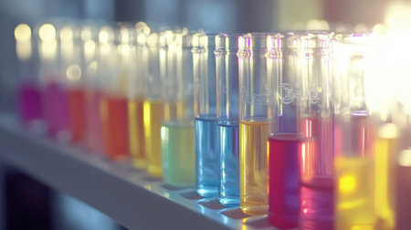 A stunning array of colorful test tubes filled with liquids in a bright laboratory setting, showcasing the beauty of scientific experimentation and research.の素材