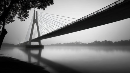 A serene black and white image of a foggy bridge reflected in calm water at dawn, creating a tranquil atmosphere perfect for peaceful landscapes.の素材