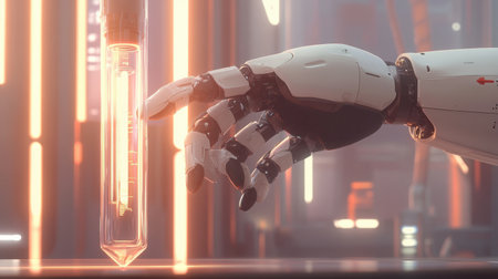 A close-up view of a robotic hand gently interacting with a glowing laboratory test tube, highlighting the fusion of technology and science in modern research.の素材