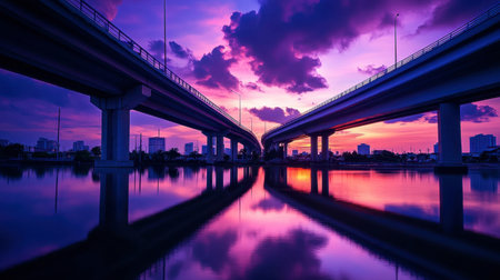 A breathtaking sunset view featuring dual highway bridges reflecting in calm water. The vibrant purple and orange hues create a serene urban landscape, perfect for travel imagery.の素材