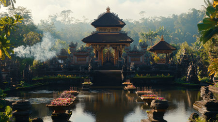A stunning temple reflects in calm waters surrounded by vibrant gardens and lush greenery, showcasing the serene beauty of tropical architecture.の素材