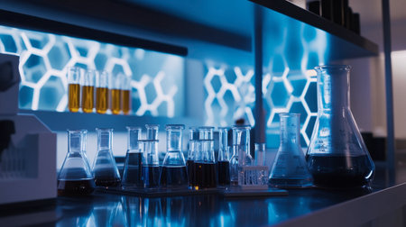A well-equipped modern laboratory featuring a variety of glassware filled with colorful liquids against a vibrant backlit backdrop. Perfect for science-themed projects.の素材
