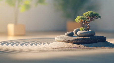 A tranquil zen garden featuring smooth stones and a miniature tree, perfect for creating a serene atmosphere for meditation and relaxation.の素材