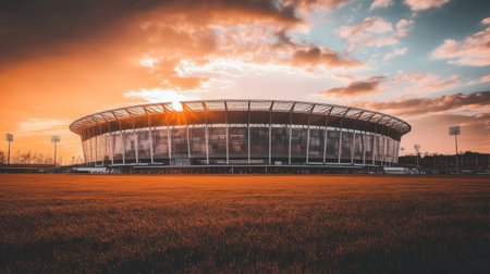 This stunning image captures a modern stadium at sunset. The vibrant sky and serene landscape create a perfect backdrop for sports events or outdoor activities.の素材