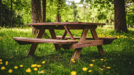 A rustic wooden picnic table set in a lush green park with scattered flowers, surrounded by trees. Perfect for outdoor gatherings and relaxation.の素材