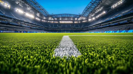 Captivating perspective of a modern stadium with vibrant green grass field, surrounded by bright lights and an open blue sky, perfect for sports.の素材