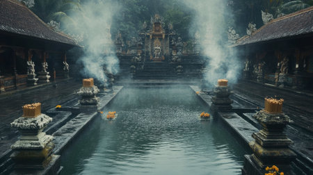 A serene temple setting with a reflective water surface, surrounded by mist and incense. This tranquil scene evokes spirituality and harmony.の素材